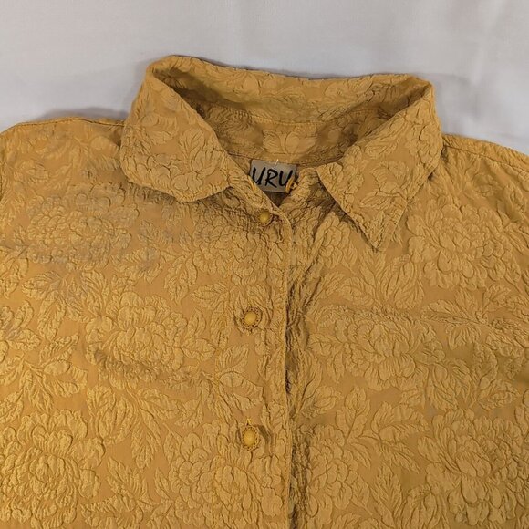 Uru 100% Silk Blouse Yellow Embossed Floral Flowers Button Textured 3/4 sleeve L - Picture 2 of 11